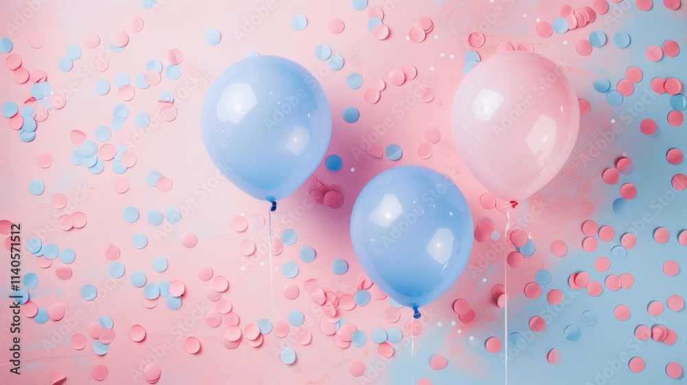 Celebrate, balloons and confetti background with copy space for festive gender reveal party, decor, balloon, birthday, fun, holiday, surprise, festive, happy Celebrate, balloons and confetti background with copy space for festive gender reveal party, decor, balloon, birthday, fun, holiday, surprise, festive, happy