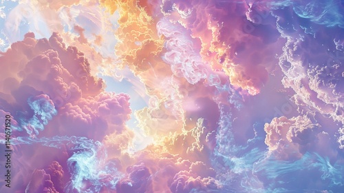 colorful sky with pink, blue and purple clouds. The sky is filled with fluffy clouds that look like they are made of cotton candy. The colors of the clouds create a dreamy and whimsical atmosphere