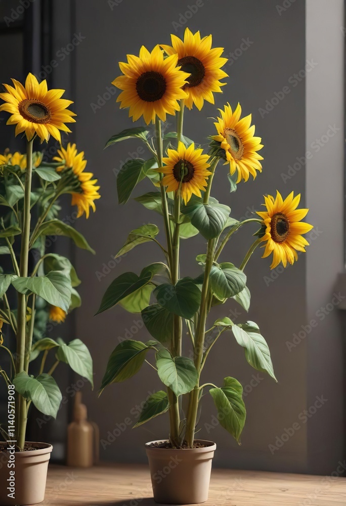 Obraz premium Tall sunflower stalk with bud and open flower rack, filled with bright yellow petals, bright colors, garden blooms, floral arrangements