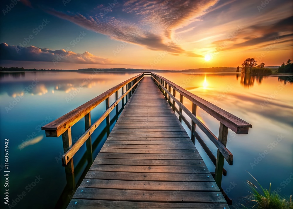 Fototapeta premium Minimalist Wooden Bridge Lake Photography: Serene Landscape Images, Calm Water Reflections, Rustic Wooden Structure