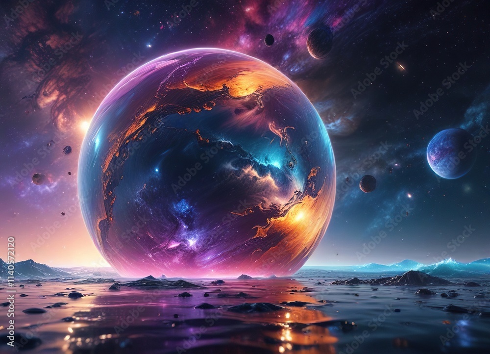 The universe is bathed in an ocean of shimmering cosmic colors , blue, green, cosmic The universe is bathed in an ocean of shimmering cosmic colors , blue, green, cosmic
