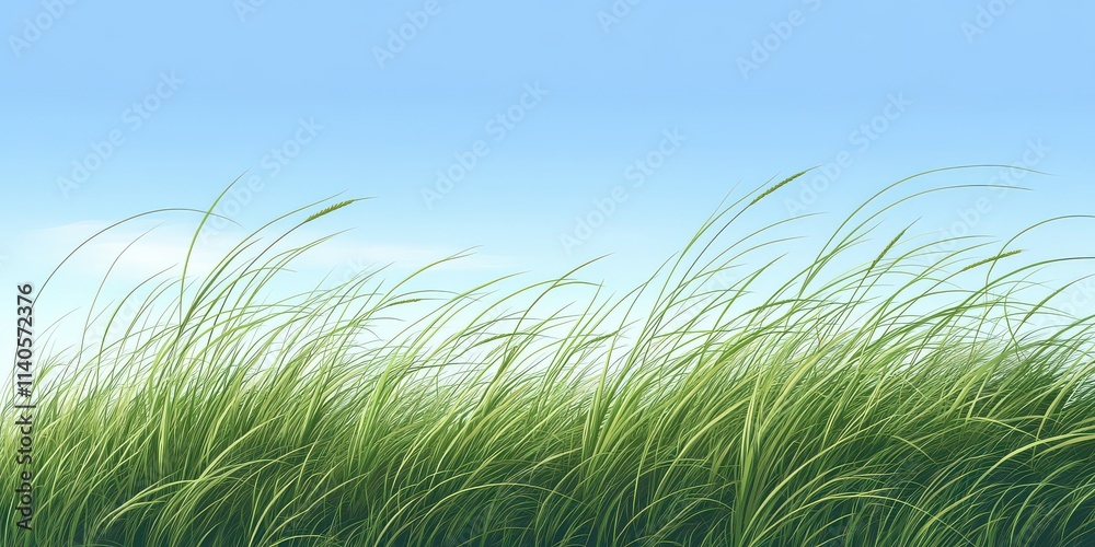 Fototapeta premium Lush green grass swaying gently in the breeze under a clear blue sky, creating a serene and peaceful atmosphere.