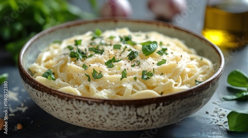 Spaghetti ingredients arranged on a rustic wooden table for a culinary prepar...