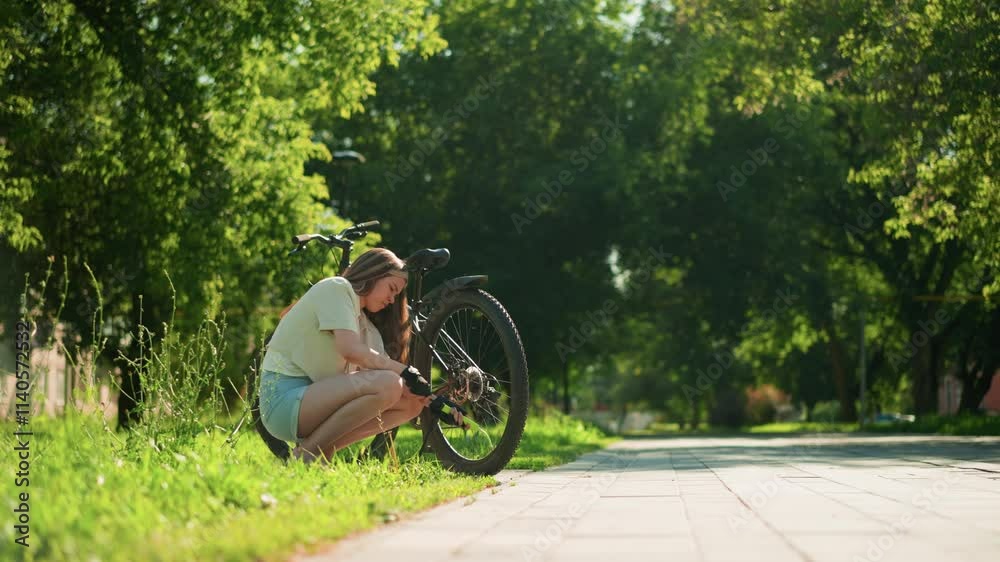 Young female cyclist crouches on a sunlit grassy path, focused on pumping air into back tire of her bicycle, surrounded by lush greenery and trees