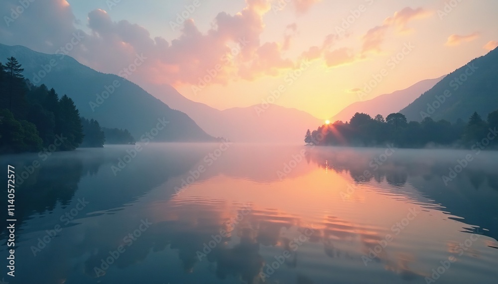 Fototapeta premium Vast expanse of tranquil lake covered in soft morning fog at sunrise, sunrise, nature, peaceful