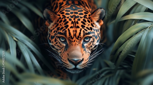 Jaguar prowls through dense foliage in lush rainforest during the early morni...