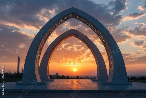 Turkmenistan: Monumental Arch of Independence at Sunset in Ashkhabad photo