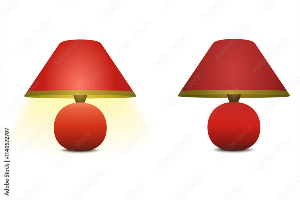 Antique table lamp with a red shade. Bedroom desk lighting. Cartoon of red classic vintage desk lamp. Vector illustration isolated  on white background