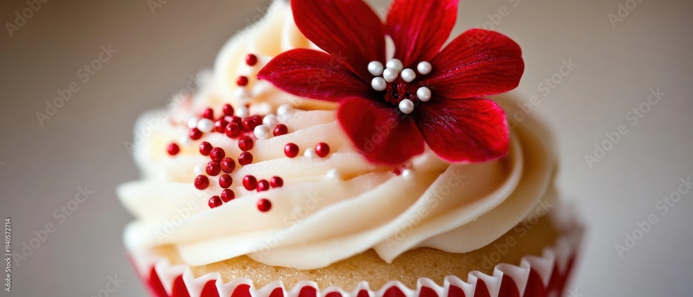 a close-up of a cupcake with white frosting and red accents a close-up of a cupcake with white frosting and red accents