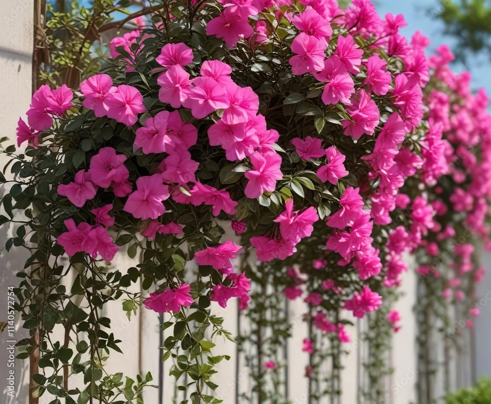 Fototapeta premium Vibrant pink Bougainvillea flowers blooming on a trellis, pink bougainvillea, ornamental plant, flower