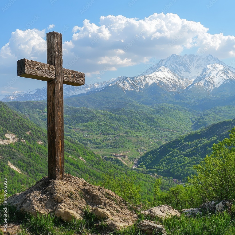 A wooden cross stands majestically in a lush green valley, framed by snow-capped mountains under a vibrant sky. A wooden cross stands majestically in a lush green valley, framed by snow-capped mountains under a vibrant sky.