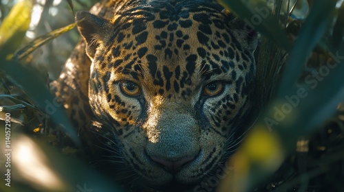 Jaguar prowls through dense foliage in lush rainforest during the early morni...