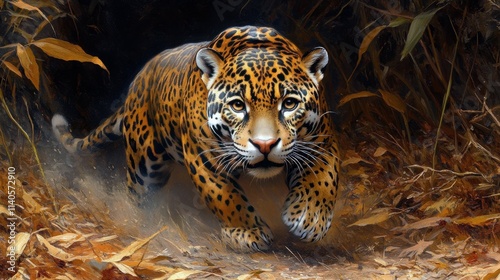 Jaguar prowls through dense foliage in lush rainforest during the early morni...