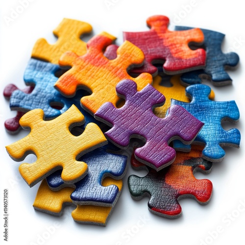 Colorful wooden puzzle pieces scattered on a white surface inviting creativit...