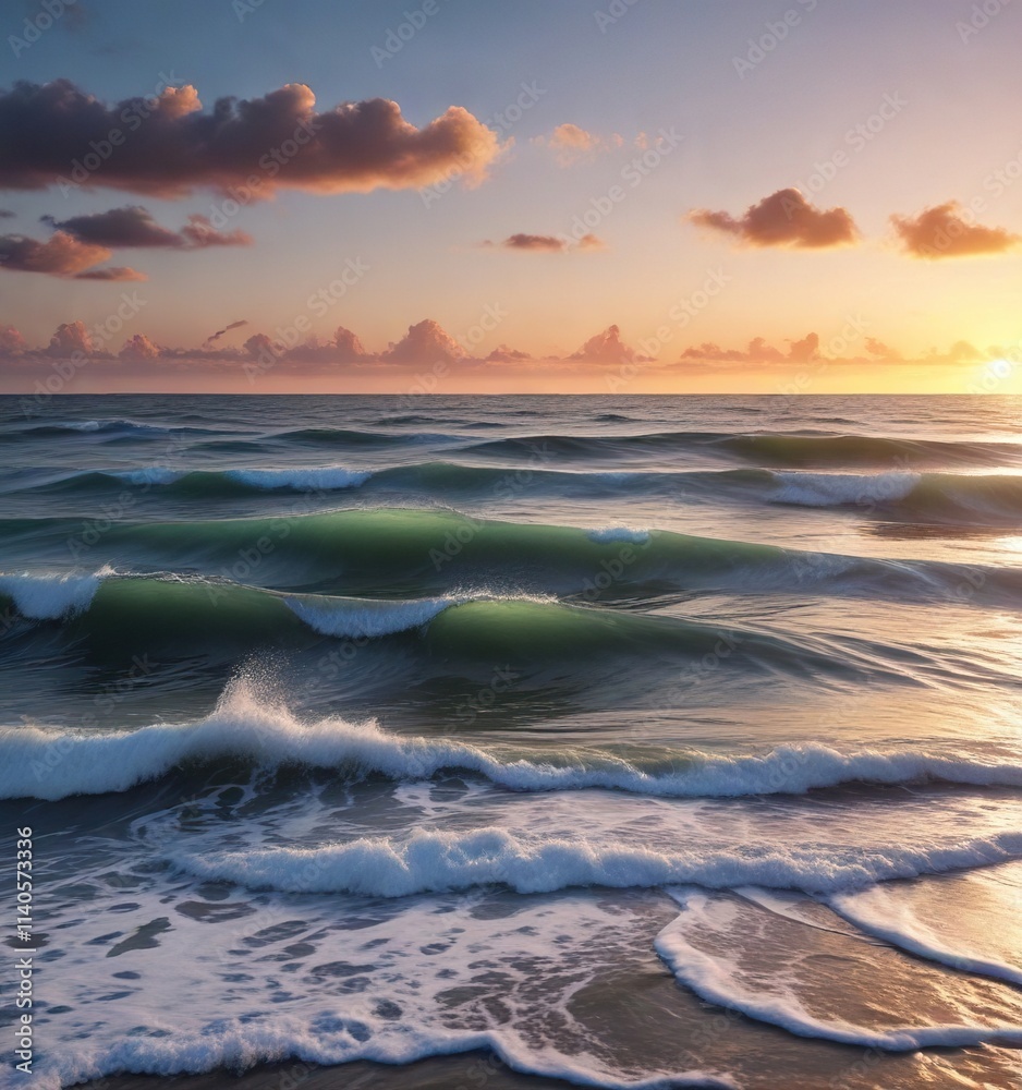 Obraz premium Waves on a calm sea with a distant horizon line, reflective surfaces , horizon line, calm sea