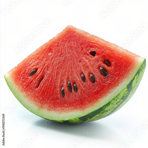 Fresh watermelon slice with vibrant red flesh and black seeds on a white background photo