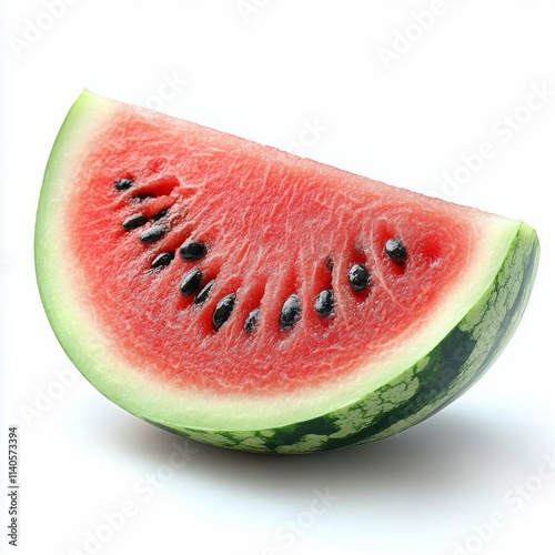 Fresh watermelon slice with vibrant red flesh and black seeds on a white back...