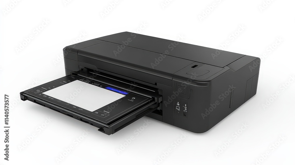 Sleek black inkjet printer with open tray on white background Sleek black inkjet printer with open tray on white background