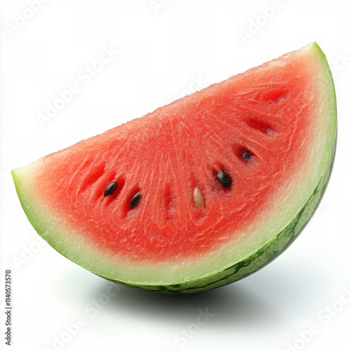 Fresh watermelon slice with vibrant red flesh and black seeds on a white back...