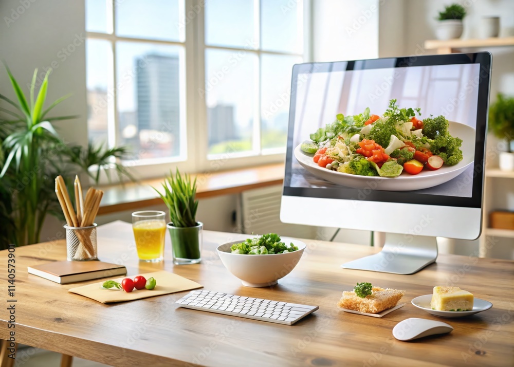Modern Office Lunch Break: Delicious Food & Computer Screen, Healthy Workplace Meals, Desk Food Photography, Tech & Tasty Treats Modern Office Lunch Break: Delicious Food & Computer Screen, Healthy Workplace Meals, Desk Food Photography, Tech & Tasty Treats