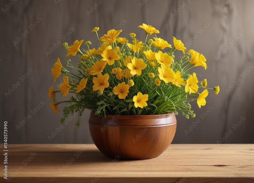 Warm and inviting arrangement of wild yellow flowers in a wooden vase or bowl , earthy, cozy Warm and inviting arrangement of wild yellow flowers in a wooden vase or bowl , earthy, cozy