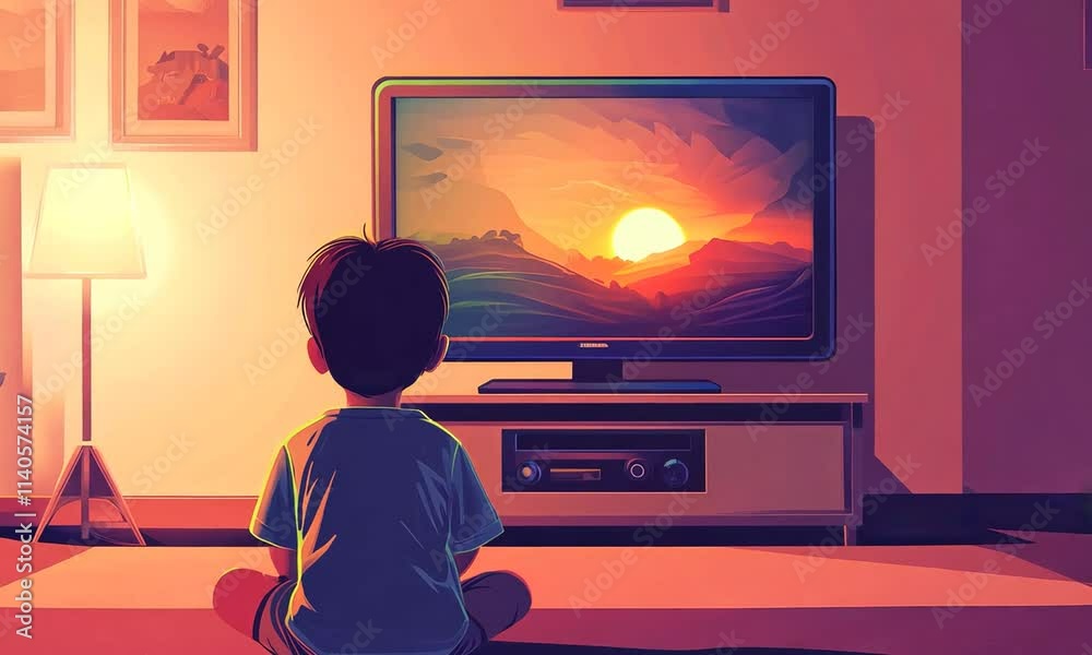 little boy look tv in childs room animation