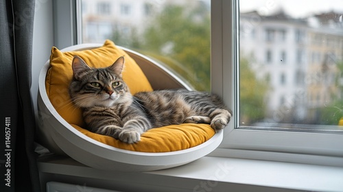 Relaxing orange cat lounging beside a window with a view of autumn leaves
