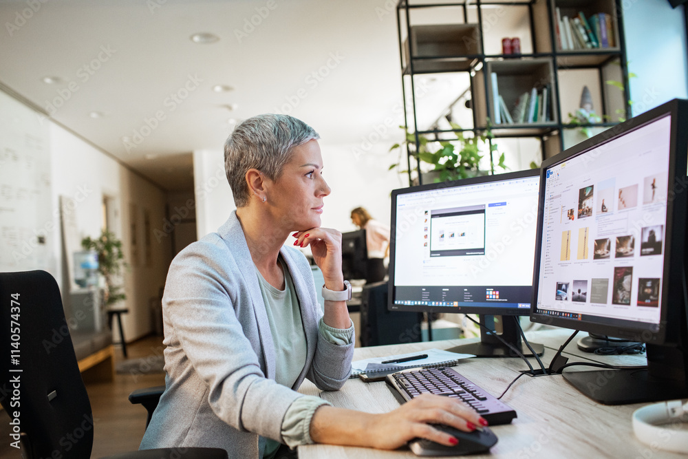 Focused businesswoman working on office computer Focused businesswoman working on office computer