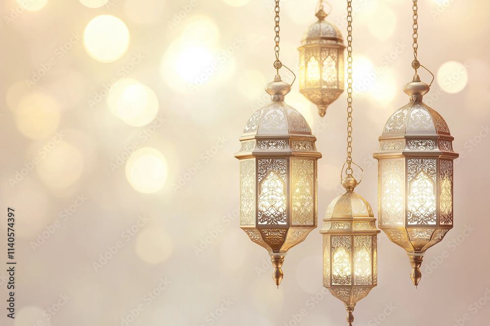 Ramadan lanterns hanging, glowing lights. Festive Islamic background. Ramadan lanterns hanging, glowing lights. Festive Islamic background.