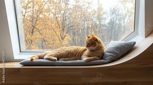 Relaxing orange cat lounging beside a window with a view of autumn leaves
