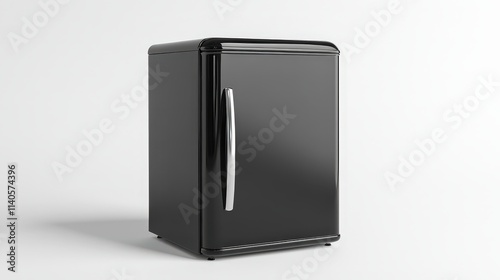 Sleek black mini fridge with chrome handle on white background