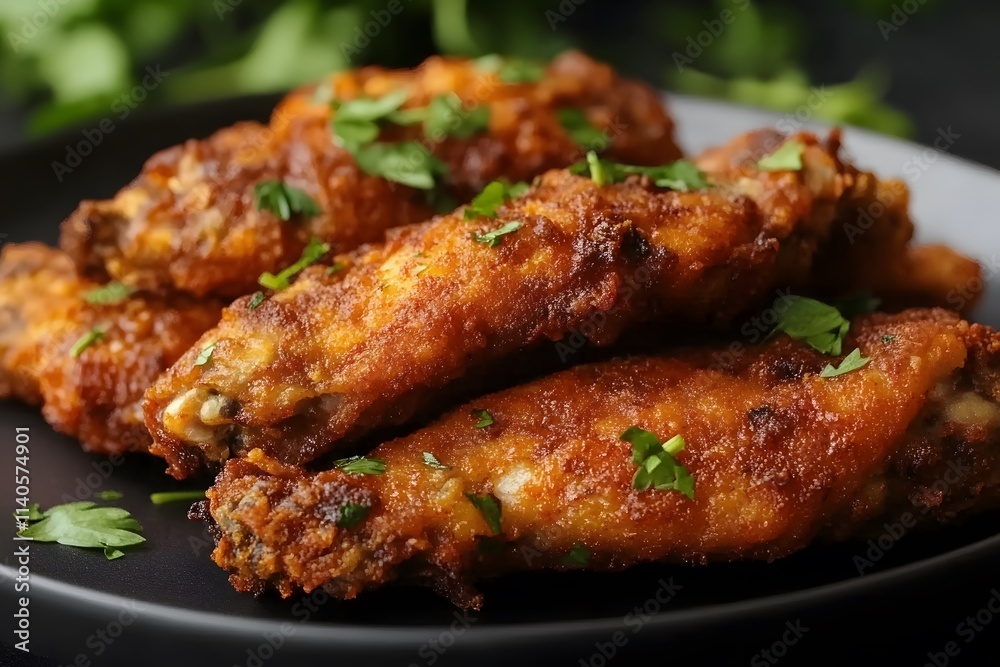Fried chicken wings with hot sauce, garnished with fresh parsley on a black plate Fried chicken wings with hot sauce, garnished with fresh parsley on a black plate
