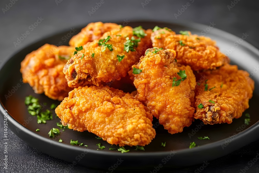 Fried chicken wings with hot sauce, garnished with fresh parsley on a black plate Fried chicken wings with hot sauce, garnished with fresh parsley on a black plate