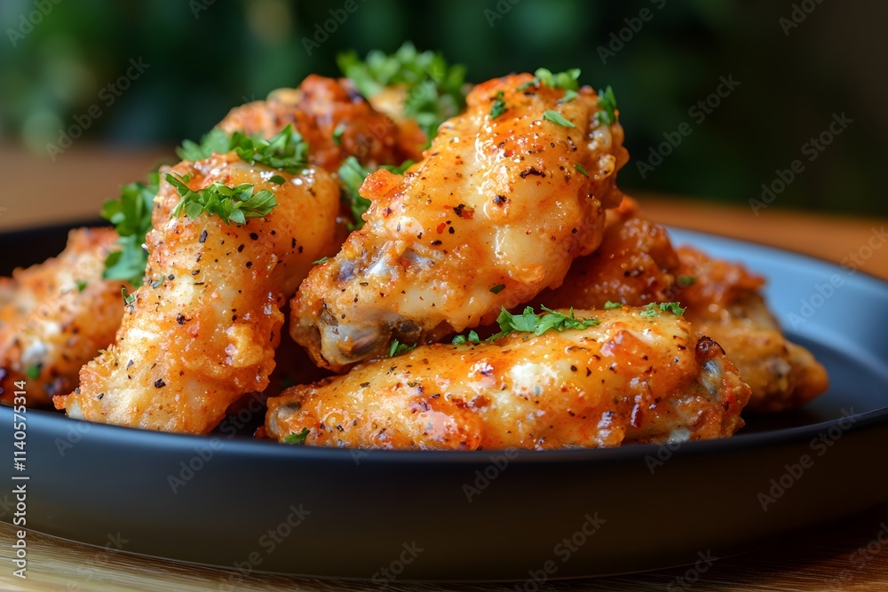 Baked chicken wings with hot sauce and herbs on a black plate, against a wooden background Baked chicken wings with hot sauce and herbs on a black plate, against a wooden background