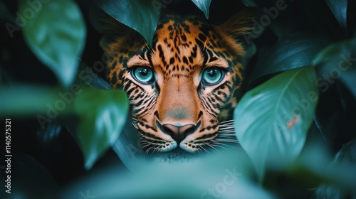 Beautiful jaguar emerges through dense green foliage in a tropical rainforest