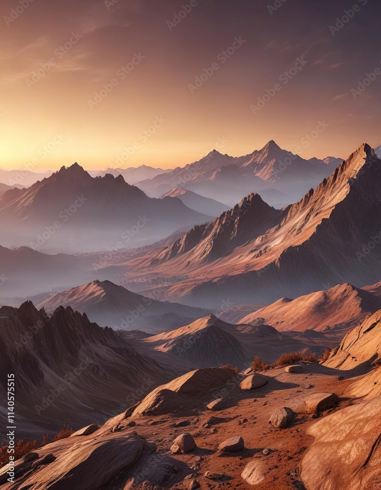 Obraz premium A realistic landscape of a mountain range at dawn with a bronze glimmer background, warm colors, tranquility, calmness