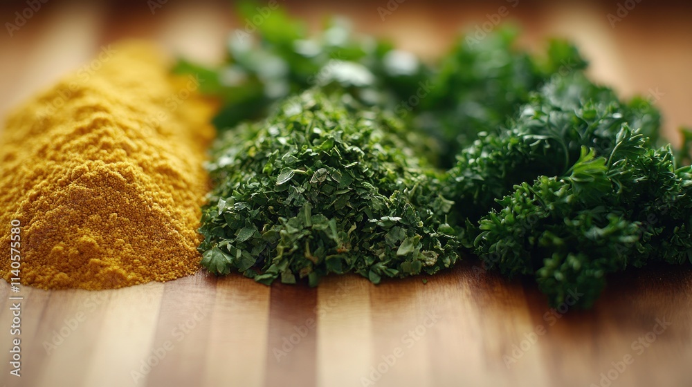 Turmeric powder and fresh herbs on wood. Turmeric powder and fresh herbs on wood.