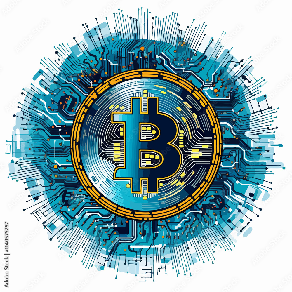 Fototapeta premium Bitcoin microchip symbol scribble vector illustration for finance technology concept