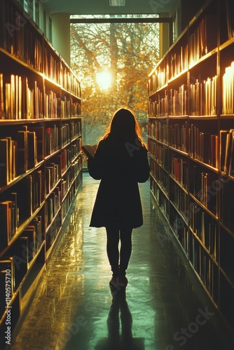 Young man reading a book in a historic library with stained glass windows at ...