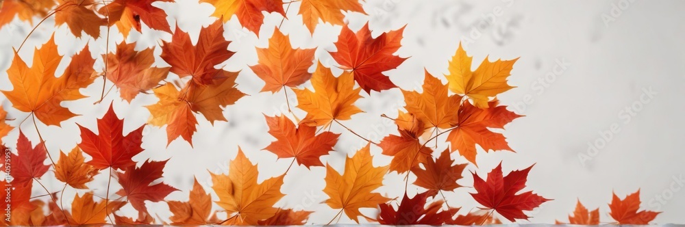 Individual maple leaves in shades of orange and red against a bright white background, orange, autumn leaves Individual maple leaves in shades of orange and red against a bright white background, orange, autumn leaves