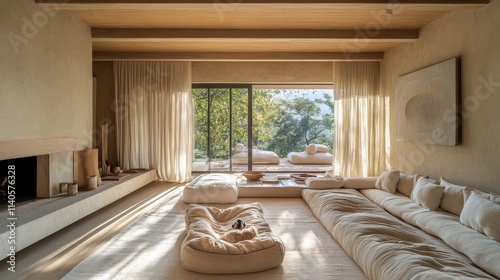 Modern minimalist interior with natural light and serene outdoor view at a ca...