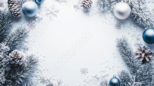 Elegant Winter Christmas Frame Design with Pine Cones, Ornaments, and Snowflakes in Soft Blue and White Colors for Festive Celebrations and Holiday Greetings