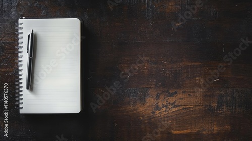 Notebook and Pen on Dark Wood Table for Writing or Note-Taking, Web Banner with Copy Space on Right, Ideal for Education and Business Themes
