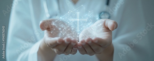 Doctor's hands gently holding a glowing cross, symbolizing faith and healing.