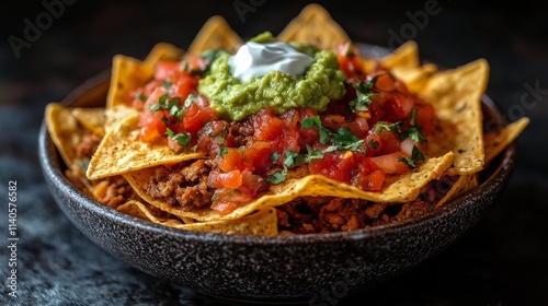 Delicious stacked nachos topped with guacamole, salsa, and sour cream ready t...