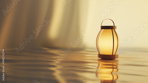 Illuminated Lantern on Reflective Surface. Concept of hope, peace, and serenity.