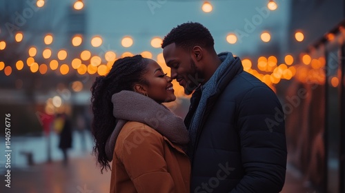 Couple sharing a joyful moment under string lights at sunset in a cozy outdoo...