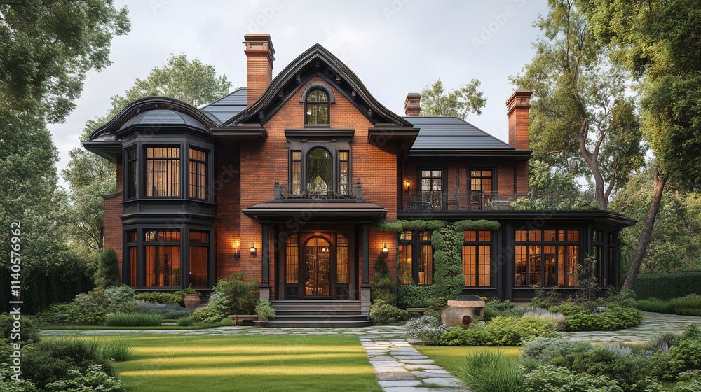A large house with dark trim surrounded by trees A large house with dark trim surrounded by trees