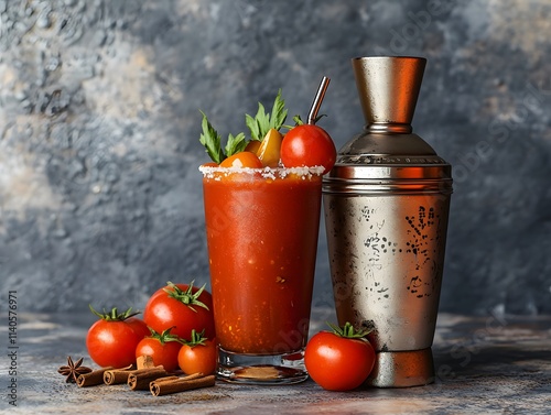 A vibrant cocktail garnished with tomatoes and herbs, alongside a shaker and fresh ingredients. photo