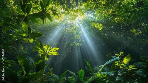 Sunlight filtering through dense rainforest foliage showcases vibrant greener...